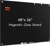 MaxGear Glass White Boards 48x36 Inches, Wall Mounted Magnetic Glass Dry Erase Board Black, Large Frameless Whiteboard with 1 Eraser,3 Markers and 6 Magnets for Office, School, Home