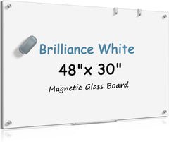 MaxGear Glass White Board 48x30 Inches Brilliance White Magnetic Dry Erase Board Wall Mounted Whiteboard, Large Frameless Whiteboard with 1 Eraser,3 Markers and 6 Magnets for Office, School, Home