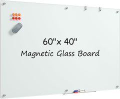 MaxGear Magnetic Glass Dry Erase White Board 60" x 40", Wall Mounted Glass Dry Erase Board, Large Frameless Whiteboard with 1 Eraser, 3 Markers and 6 Magnets for Office, School, Home