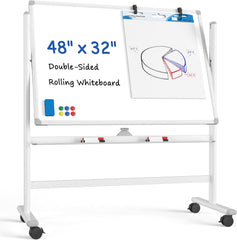 MaxGear Premium Large Rolling Whiteboard on Wheels, 48" x 32" Double-Sided Magnetic Dry Erase Board with Stand, Reversible Mobile Whiteboard with Aluminium Frame and Stand for Office, School