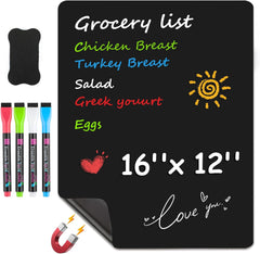 MaxGear Magnetic Black Dry Erase Board Sheet for Refrigerator, 16"x12" Fridge Magnetic Whiteboard for Kitchen, Fridge Shopping List for Family Planner and Grocery List, 4 Chalk Markers