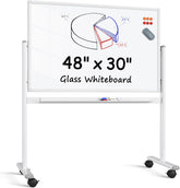 MaxGear Glass Whiteboard on Wheels, 48 x 30 Mobile White Board Stand, Magnetic Double-Sided Dry Erase Board with Aluminium Frame and Stand, Rolling Whiteboard with 3 Markers, 6 Magnets and 1 Eraser