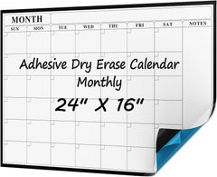 MaxGear 24"x16" Adhesive Dry Erase Calendar Monthly Whiteboard for Wall, Office, Classroom, Home, Drill-Free Installation, 1 Marker Holder, 4 Markers, 1 Eraser, 6 Magnets, Smooth Writing & Erasing