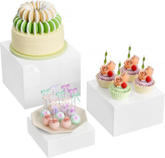 MaxGear 3 Pcs Acrylic Buffet Risers, Food Display Stand for Buffet Table, Dessert Cube Boxes with Hollow Bottoms for Party Food Display, Catering, 6"x7"x8", White