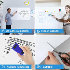 MaxGear Large White Board 72“x48” with Self-Adhesive Backing, Big Dry Erase Board for Wall, Whiteboard Sticker Wallpaper with 4 Markers, 1 Holder, 1 Eraser, 4 Magnets, and 3 Tapes, 6' x 4'