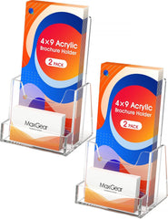 MaxGear 4x9 inch Brochure Holder, 2 Pack Acrylic Display Stand with Business Card Slot, Countertop Literature, Flyer, Trifold, Pamphlet, Booklet Menu Organizer