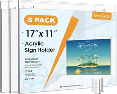 MaxGear Wall Mount Sign Holder 11 x 17 Inch, Clear Plastic Picture Frames with Mounting Screws, Door Sign Holders and Document Display Frame for Home, Office, Store, Landscape, 3 Pack