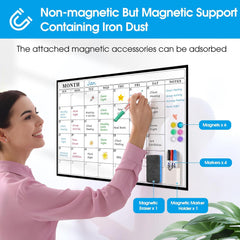 MaxGear 24"x16" Adhesive Dry Erase Calendar Monthly Whiteboard for Wall, Office, Classroom, Home, Drill-Free Installation, 1 Marker Holder, 4 Markers, 1 Eraser, 6 Magnets, Smooth Writing & Erasing