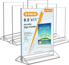 MaxGear 8.5 X 11 Acrylic Sign Holder 6pack, Clear Display Stand Plastic Paper Stand, Double Sided Picture Holder for Table, Vertical Menu Flyer Display for Stores, Restaurants, Hotels, Office