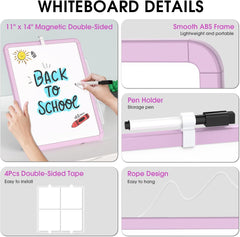 MaxGear Small White Board for Wall, 14"x 11" Mini Double-Sided Magnetic Hanging Dry Erase Board with a Black Marker, Portable Whiteboard for Planning, Drawing, Memo, to Do List, Purple Frame