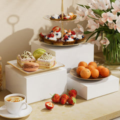 MaxGear 3 Pcs Acrylic Buffet Risers, Food Display Stand for Buffet Table, Dessert Cube Boxes with Hollow Bottoms for Party Food Display, Catering, 6"x7"x8", White