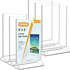 MaxGear Acrylic Sign Holder Table Card Display 4 X 6 inches Clear Sign Display Holder Plastic Table Menu Stand Double Sided Ad Picture Frame for Office, Home, Store, Restaurant, 6 Pack