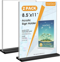 MaxGear Acrylic Sign Holder 8.5x11 Vertical, 2 Pack Double Sided Clear Display Stand, Table Paper Holder, Plastic Menu Flyer Stand, Plastic Sign Frame for Stores, Restaurants, Hotels, Office
