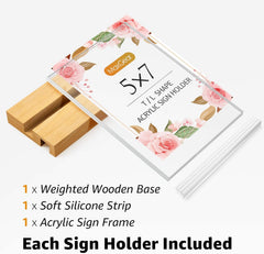 MaxGear L/T Shape Acrylic Sign Holder, 5 X 7 Clear Table Display Stand with Wooden Base, Flyer Menu Holder Photo Frames Paper Stand for Office, Wedding, Restaurants, Hotels 6 Pack