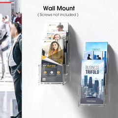 MaxGear Acrylic Brochure Holder, 4 Inch Wide 3 Tier Literature Display Stand, Clear Premium Acrylic Pamphlet Holder, Multi Pocket Wall Mount or Countertop Organizer, Office or Home Use, 2 Pack