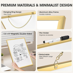 MaxGear Dry Erase Board for Wall, Gold Aluminum Frame, 16" x 12" Small Hanging White Board with a Black Marker, Portable Small Double Sided Whiteboard for Planning, Drawing, Memo, to Do List