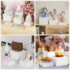 MaxGear 3 Pcs Acrylic Buffet Risers, Food Display Stand for Buffet Table, Dessert Cube Boxes with Hollow Bottoms for Party Food Display, Catering, 6"x7"x8", White