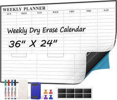MaxGear White Board 36"x24" Weekly & 16"x24" Monthly Dry Erase Board Dry Erase Calendar Adhesive Calendar Whiteboard for Wall, Office, Conference Room, Classroom, Home, 1 Eraser, 4 Markers, 4 Magnets