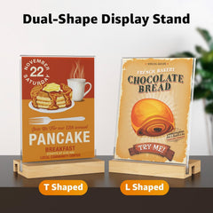 MaxGear L/T Shape Acrylic Sign Holder, 5 X 7 Clear Table Display Stand with Wooden Base, Flyer Menu Holder Photo Frames Paper Stand for Office, Wedding, Restaurants, Hotels 6 Pack