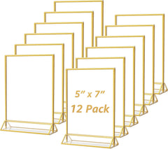 MaxGear 5x7 Gold Acrylic Sign Holder 12 Pack, Gold Table Number Holders, Mini Frames Double Sided Acrylic Picture Frames Photo Stand, Clear Menu Flyer Stand for Wedding, Home, Restaurant