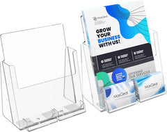MaxGear Brochure Holder 8.5x11 inch with Business Card Organizer, Acrylic Literature Display Stand Clear Plastic Flyer Holder Wall Mount or Countertop Use for Pamphlets, Booklets, 2 Pack