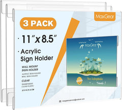 MaxGear Acrylic Sign Holder 8.5x11 with Double-Sided Tape, 3 Pack Clear Plastic Door Wall Mount Sign Holder, Document Flyer Poster Paper Acrylic Wall Frame for Office, Home, Store, Restaurant