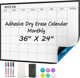 MaxGear 36"x24" Adhesive Dry Erase Calendar Monthly Whiteboard for Wall, Office, Classroom, Home, Drill-Free Installation, 1 Marker Holder, 4 Markers, 1 Eraser, 6 Magnets, Smooth Writing & Erasing