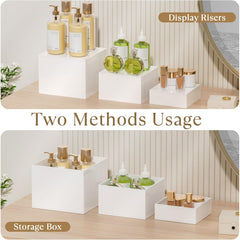 MaxGear 3 Pcs Acrylic Buffet Risers, Food Display Stand for Buffet Table, Dessert Cube Boxes with Hollow Bottoms for Party Food Display, Catering, 6"x7"x8", White