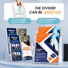 MaxGear Brochure Holder 2 Tier 8.5x11 inch with Removable Divider for 4x9 inch Acrylic Literature Display Stand Clear Plastic Flyer Holder Wall Mount or Countertop Use for Pamphlets, Booklets, 2 Pack