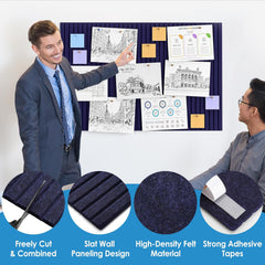 MaxGear Cork Boards for Walls 48" x 36", 12 Pack Navy Blue Felt Wall Tiles Bulletin Boards with Slat Paneling, 3D Panels Push Pin Board for Office Wall Decor
