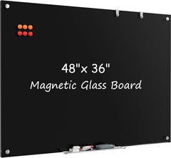 MaxGear Glass White Boards 48x36 Inches, Wall Mounted Magnetic Glass Dry Erase Board Black, Large Frameless Whiteboard with 1 Eraser,3 Markers and 6 Magnets for Office, School, Home