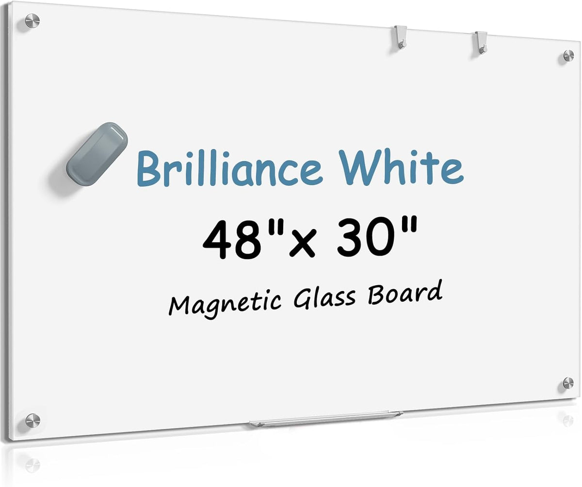 MaxGear Glass White Board 48x30 Inches Brilliance White Magnetic Dry Erase Board Wall Mounted Whiteboard, Large Frameless Whiteboard with 1 Eraser,3 Markers and 6 Magnets for Office, School, Home