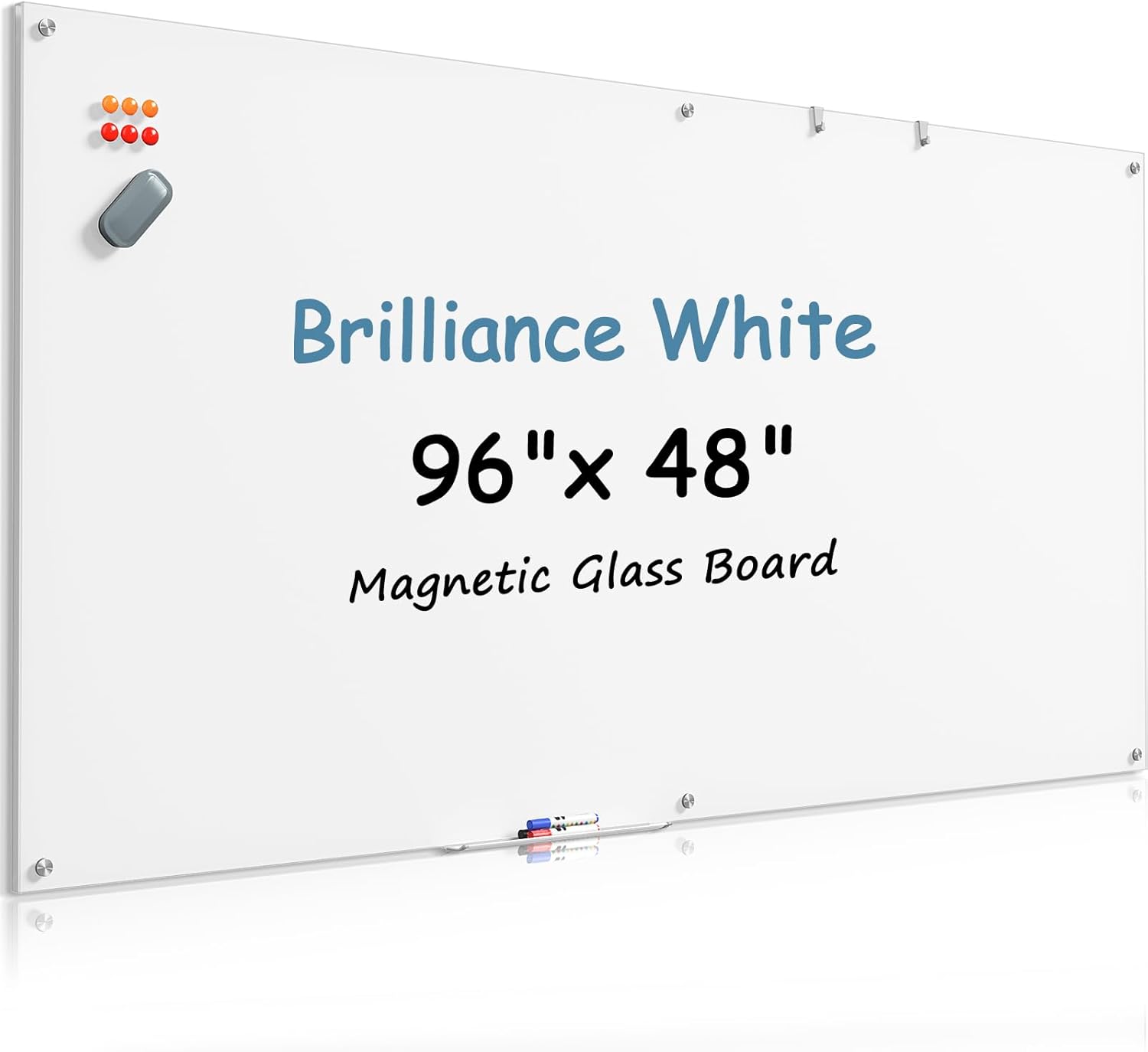 MaxGear Glass White Board 48x30 Inches Brilliance White Magnetic Dry Erase Board Wall Mounted Whiteboard, Large Frameless Whiteboard with 1 Eraser,3 Markers and 6 Magnets for Office, School, Home