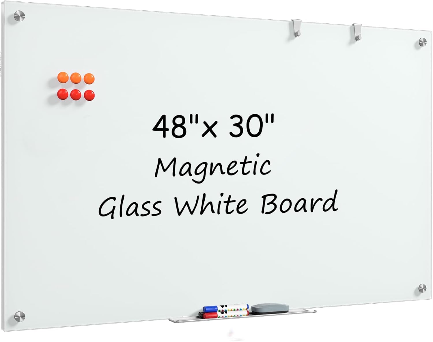 MaxGear Glass White Boards 48x36 Inches, Wall Mounted Magnetic Glass Dry Erase Board Black, Large Frameless Whiteboard with 1 Eraser,3 Markers and 6 Magnets for Office, School, Home