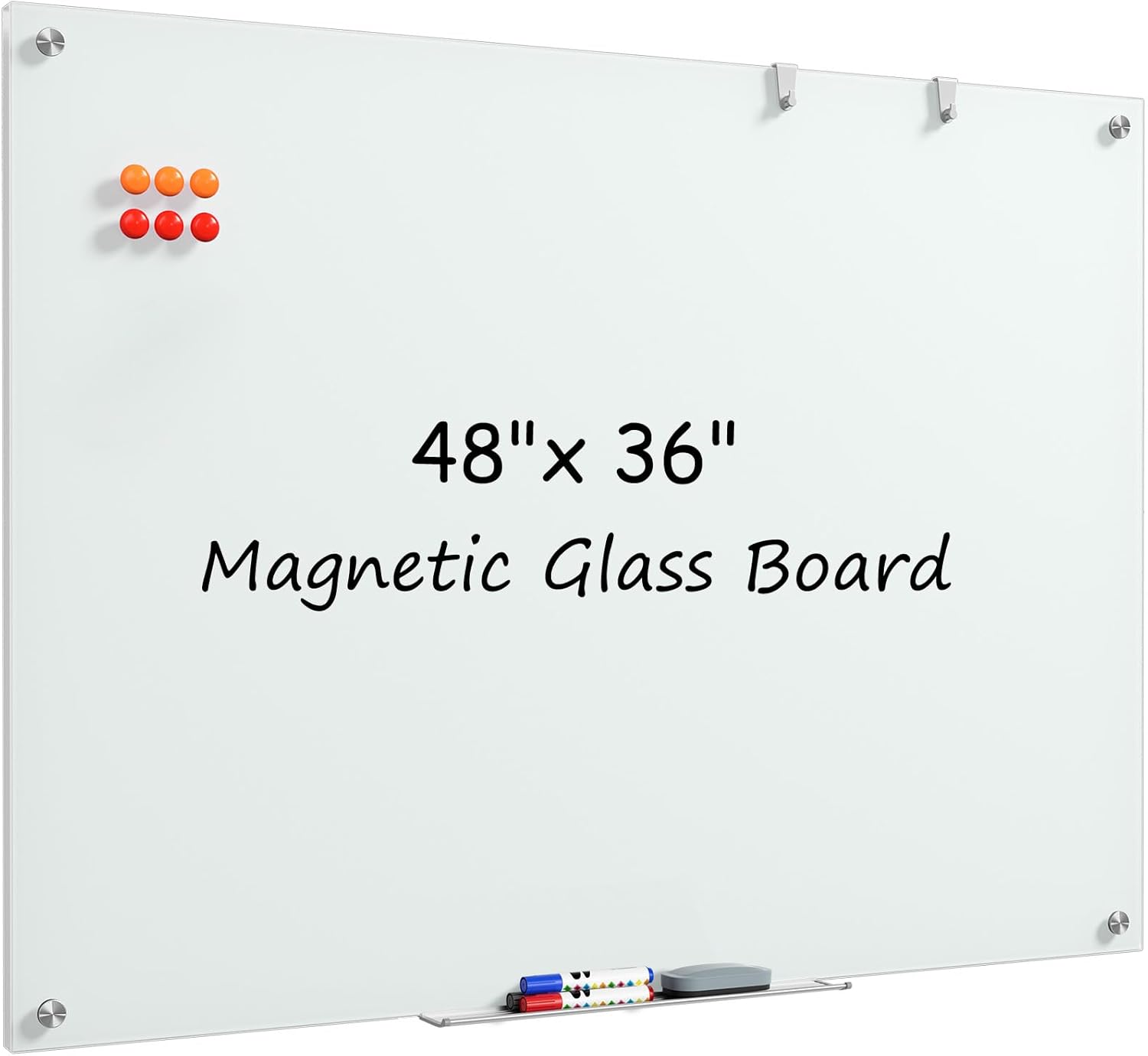 MaxGear Glass White Boards 48x36 Inches, Wall Mounted Magnetic Glass Dry Erase Board Black, Large Frameless Whiteboard with 1 Eraser,3 Markers and 6 Magnets for Office, School, Home