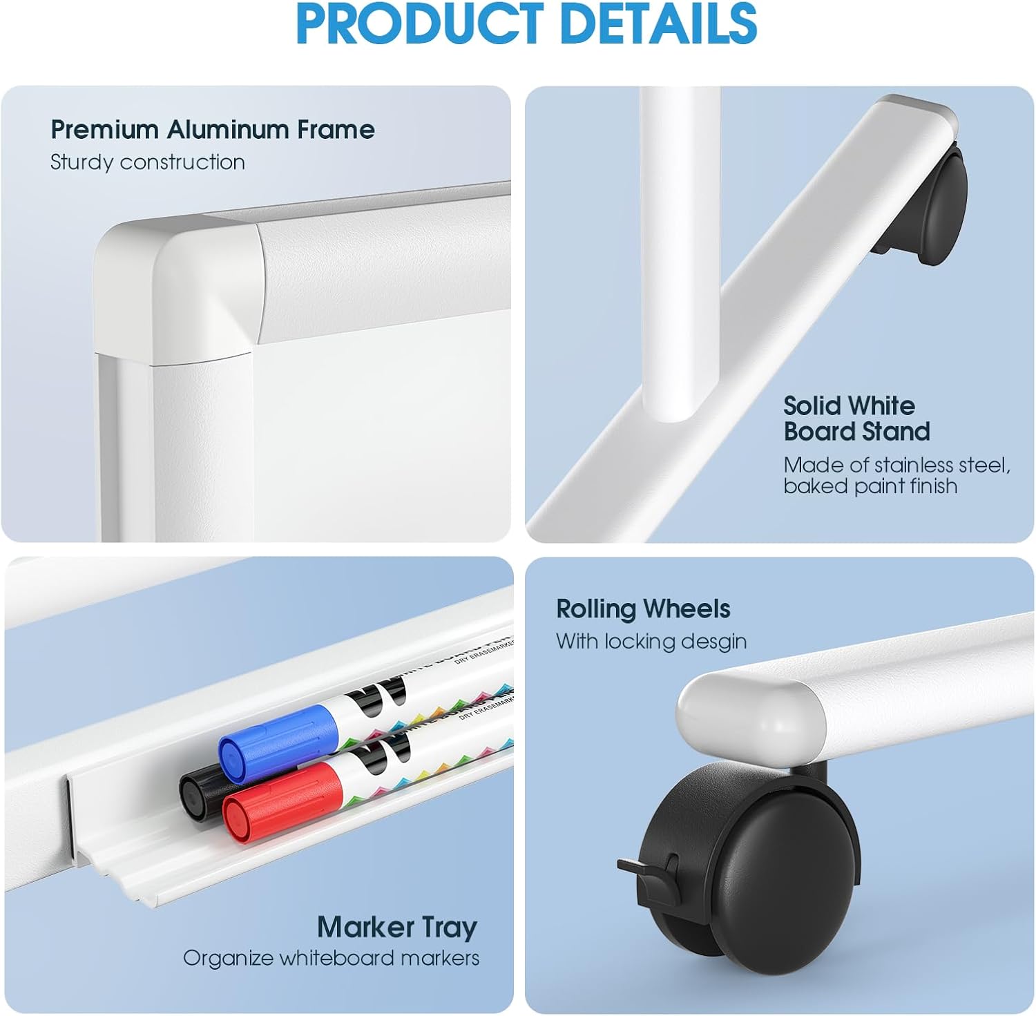 MaxGear Glass Whiteboard on Wheels, 48 x 30 Mobile White Board Stand, Magnetic Double-Sided Dry Erase Board with Aluminium Frame and Stand, Rolling Whiteboard with 3 Markers, 6 Magnets and 1 Eraser