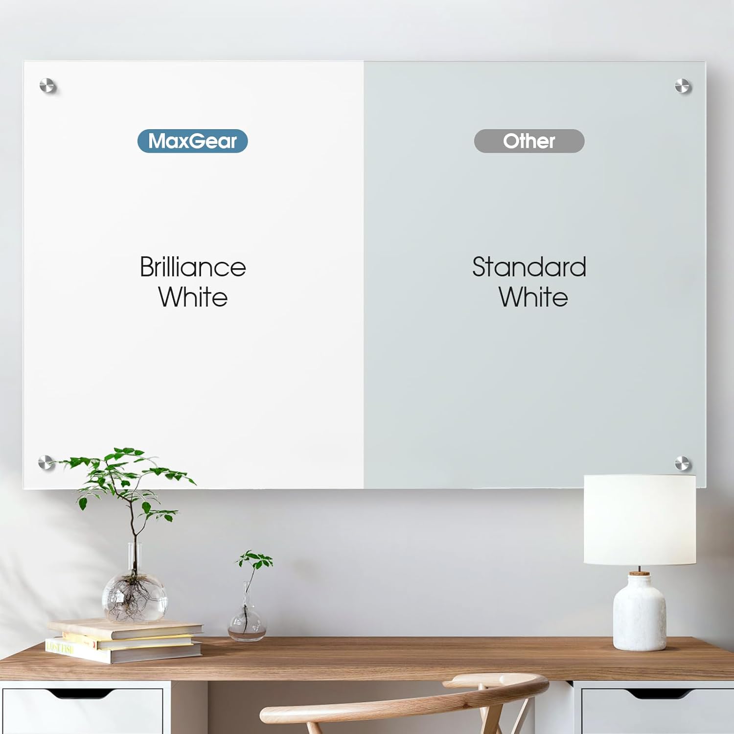 MaxGear Glass White Board 48x30 Inches Brilliance White Magnetic Dry Erase Board Wall Mounted Whiteboard, Large Frameless Whiteboard with 1 Eraser,3 Markers and 6 Magnets for Office, School, Home