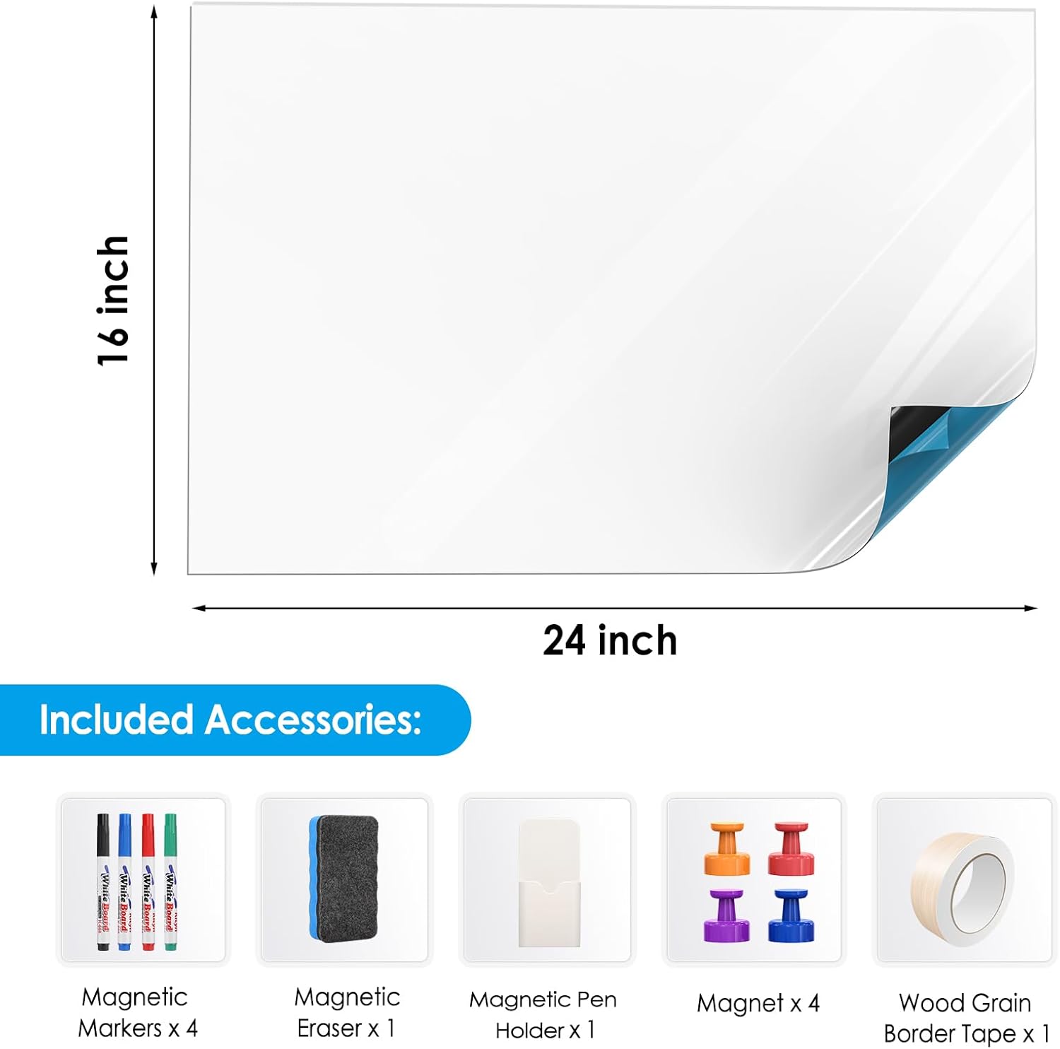 MaxGear 24" x 16" White Board Sticker on Wall, Magnetic Dry Erase Board, Easy to Write and Clean Magnetic Board for Kids, Office, Home, with Marker, Eraser