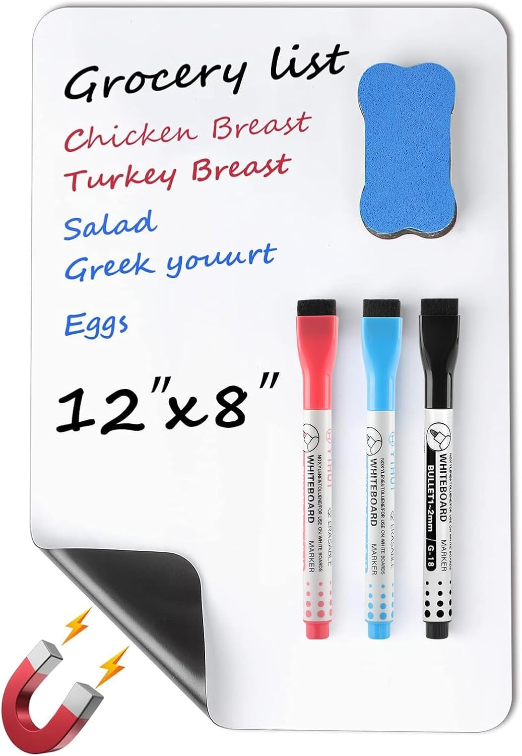 MaxGear Magnetic Black Dry Erase Board Sheet for Refrigerator, 16"x12" Fridge Magnetic Whiteboard for Kitchen, Fridge Shopping List for Family Planner and Grocery List, 4 Chalk Markers