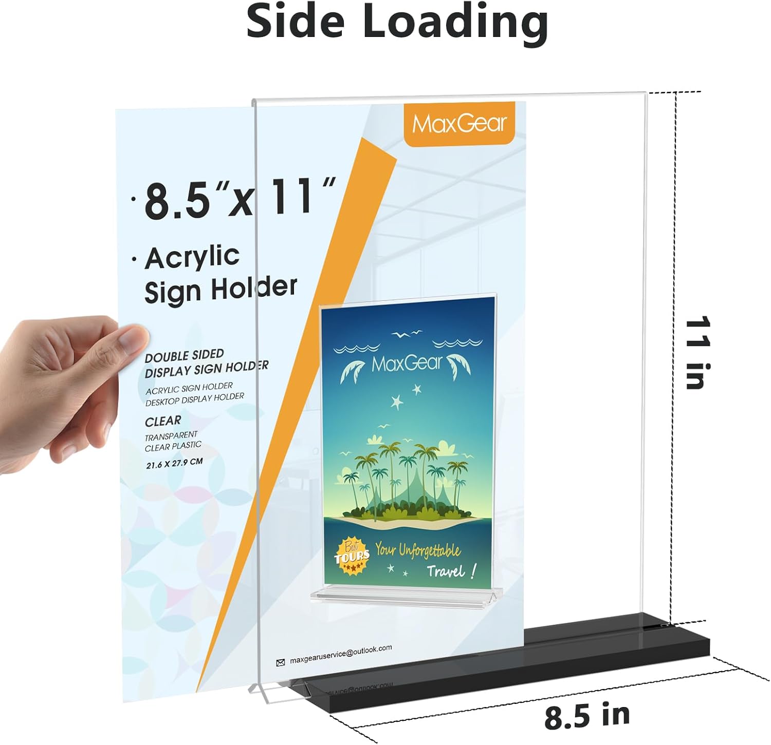 MaxGear Acrylic Sign Holder 8.5x11 Vertical, 2 Pack Double Sided Clear Display Stand, Table Paper Holder, Plastic Menu Flyer Stand, Plastic Sign Frame for Stores, Restaurants, Hotels, Office