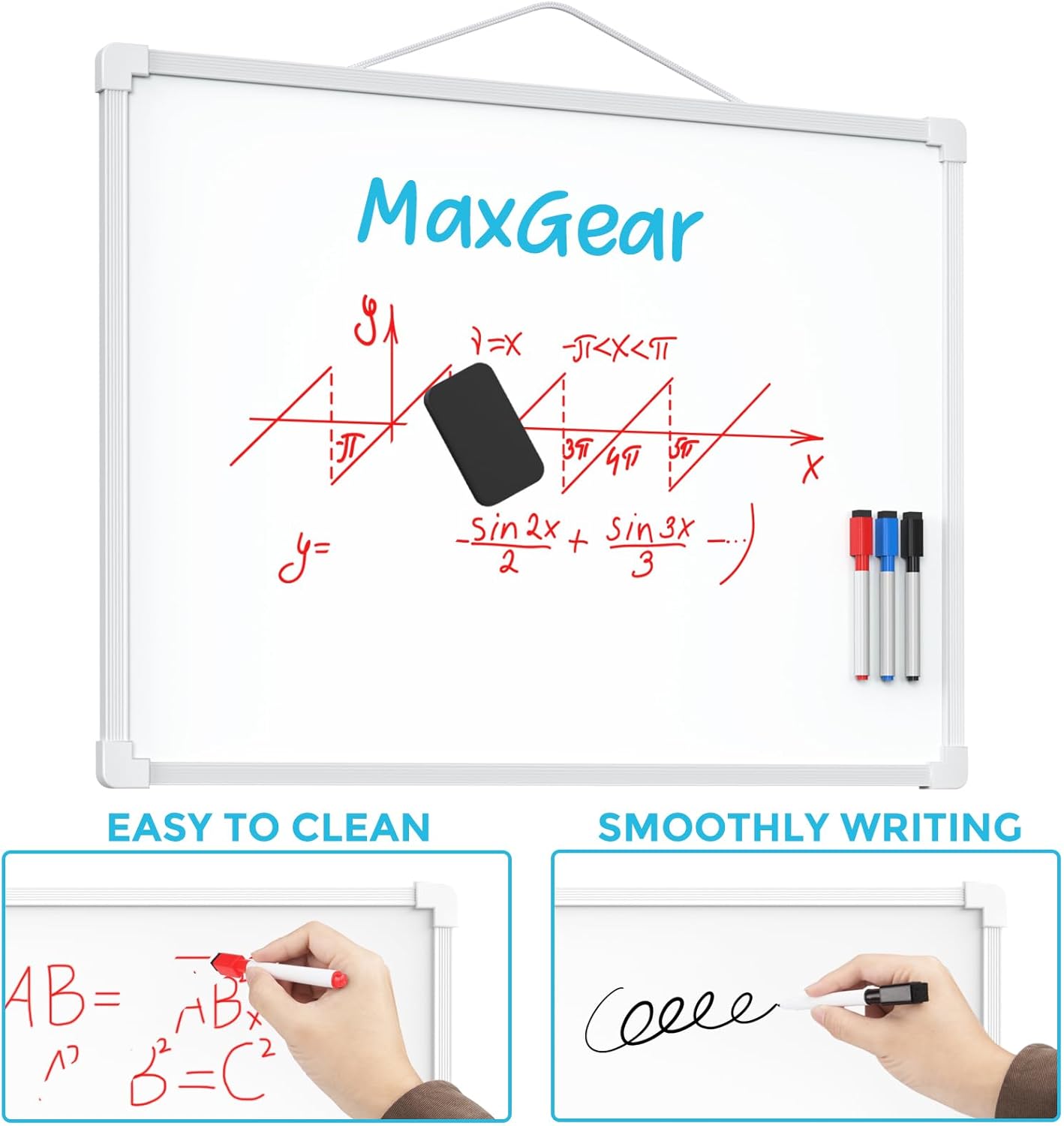 MaxGear Double-Sided Dry Erase Board for Wall, 16"x12" Hanging Whiteboard, Small Dry Erase White Board with 3 Markers&4 Magnets, Portable Whiteboard for Students - Planning, Drawing, Memo, to Do List