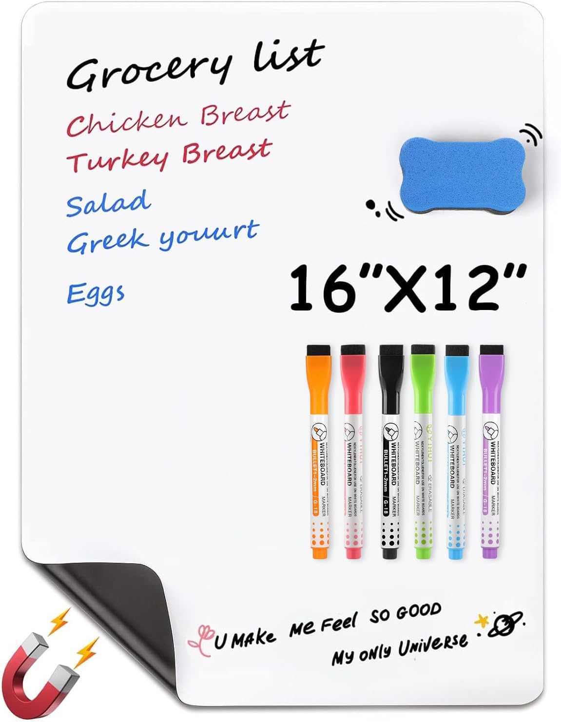 MaxGear Magnetic Black Dry Erase Board Sheet for Refrigerator, 16"x12" Fridge Magnetic Whiteboard for Kitchen, Fridge Shopping List for Family Planner and Grocery List, 4 Chalk Markers
