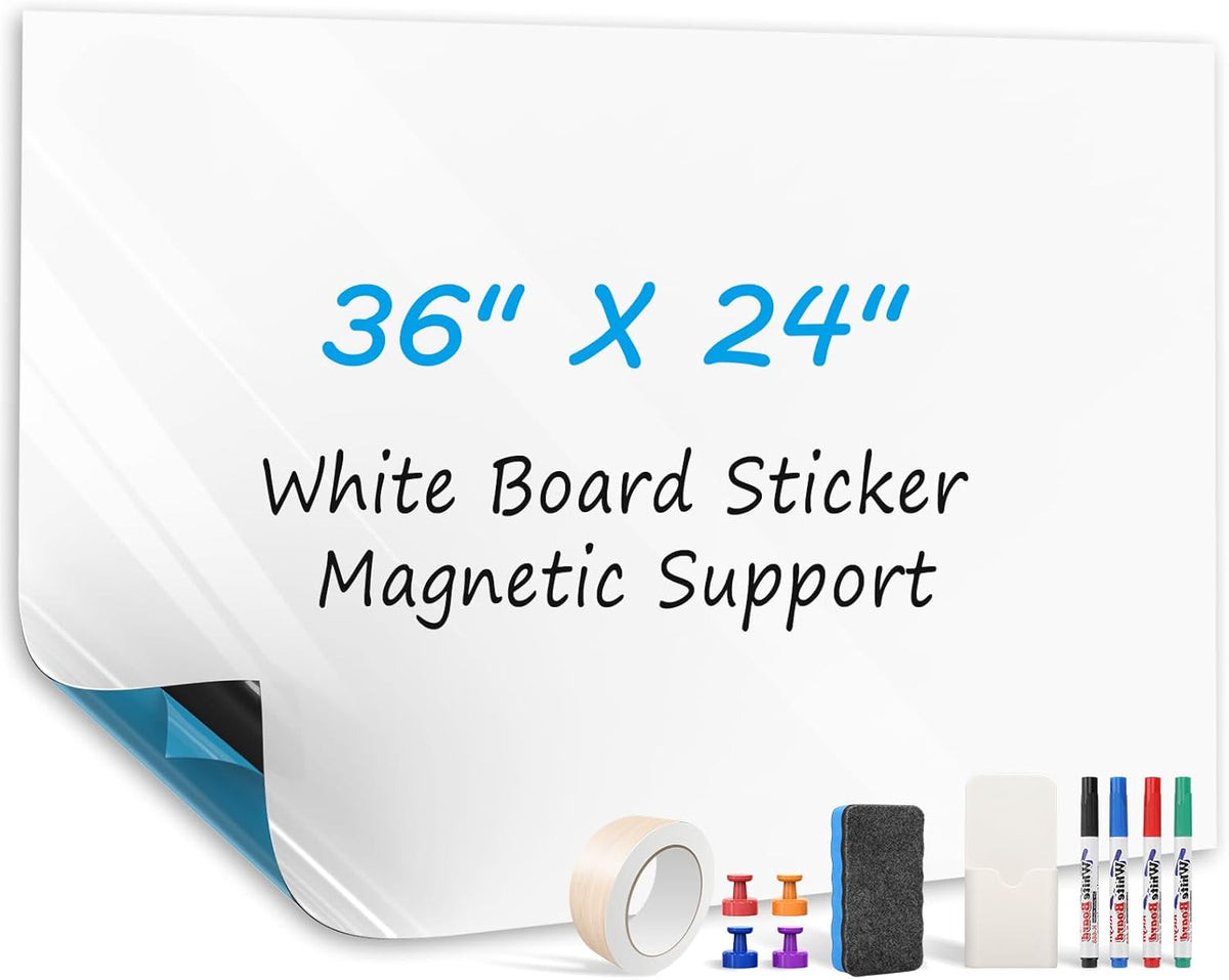 MaxGear 48" x 36" White Board Sticker on Wall, Magnetic Dry Erase Board, Easy to Write and Clean Magnetic Board for Kids, Office, Home, with Marker, Eraser