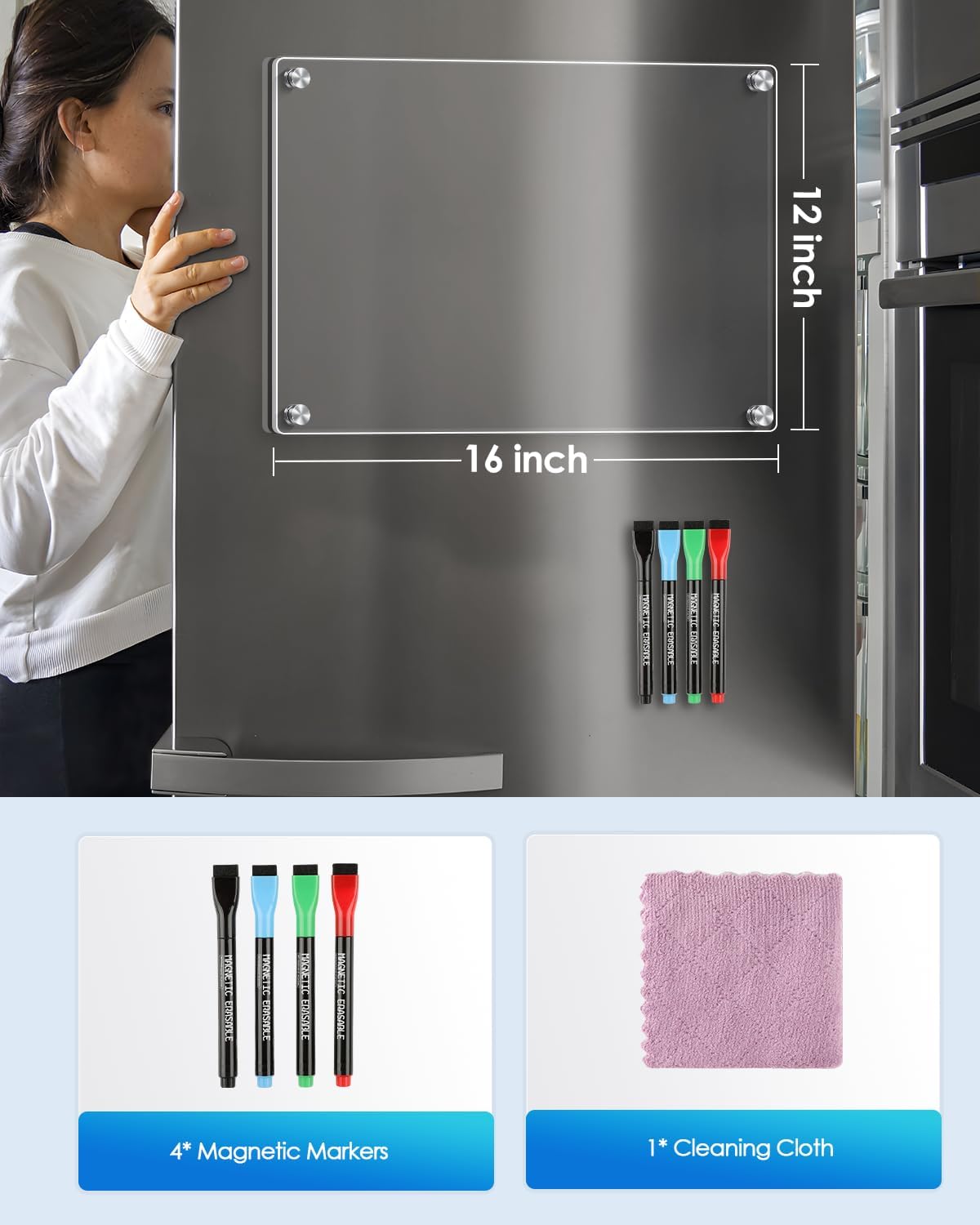 MaxGear 16"x12" Acrylic Dry Erase Board, Clear Magnetic Fridge WhiteBoard Mini Acrylic Memo Notepad for Refridgerator, Kitchen Menu Board Meal Schedule Planner, Include 4 Markers, 1 Cloth