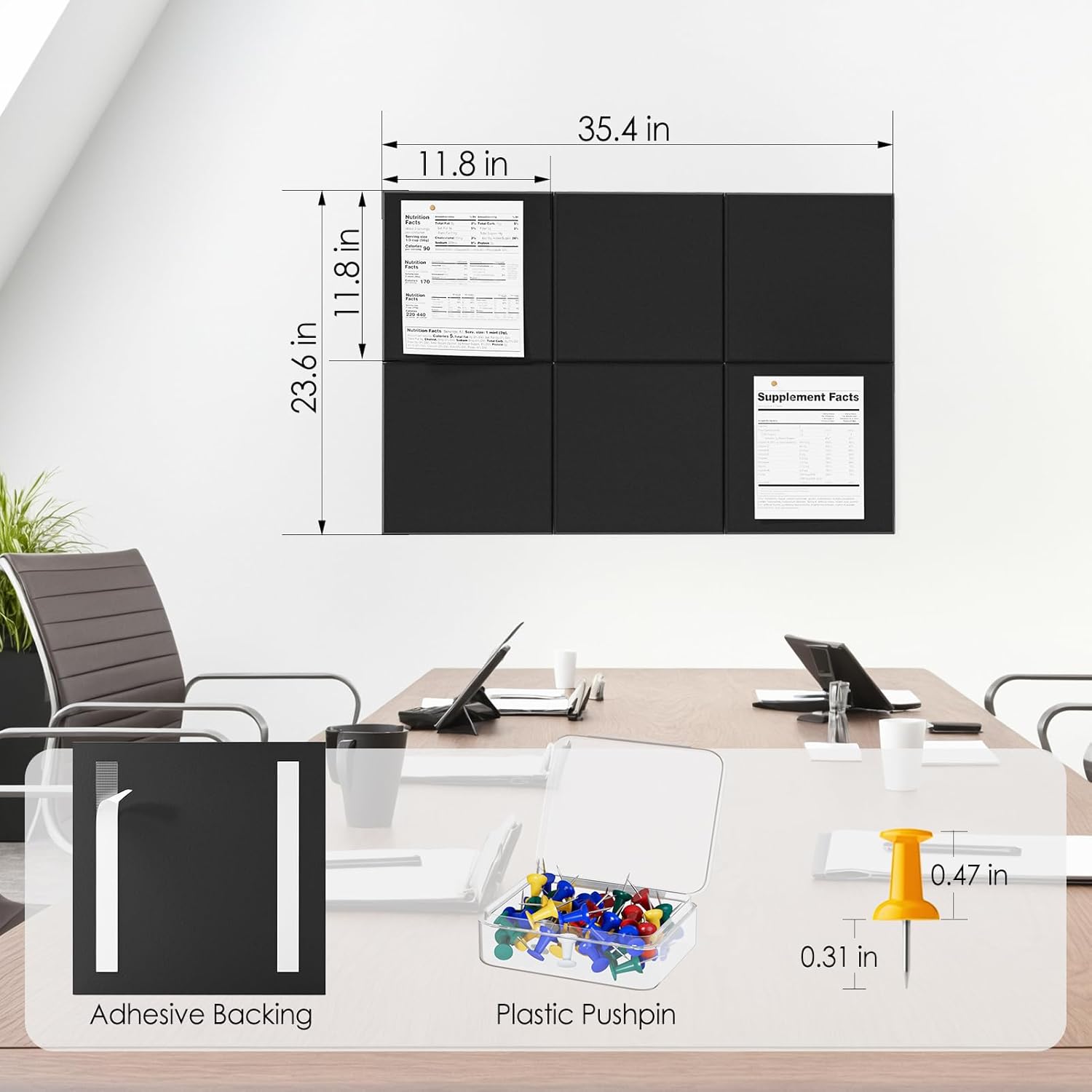 MaxGear Large Cork Board for Wall 36" x 24", Black Bulletin Board, 6 Pack Felt Wall Tiles with Pushpins, Cork Boards for Office Push Pin Board Tack Board Felt Board