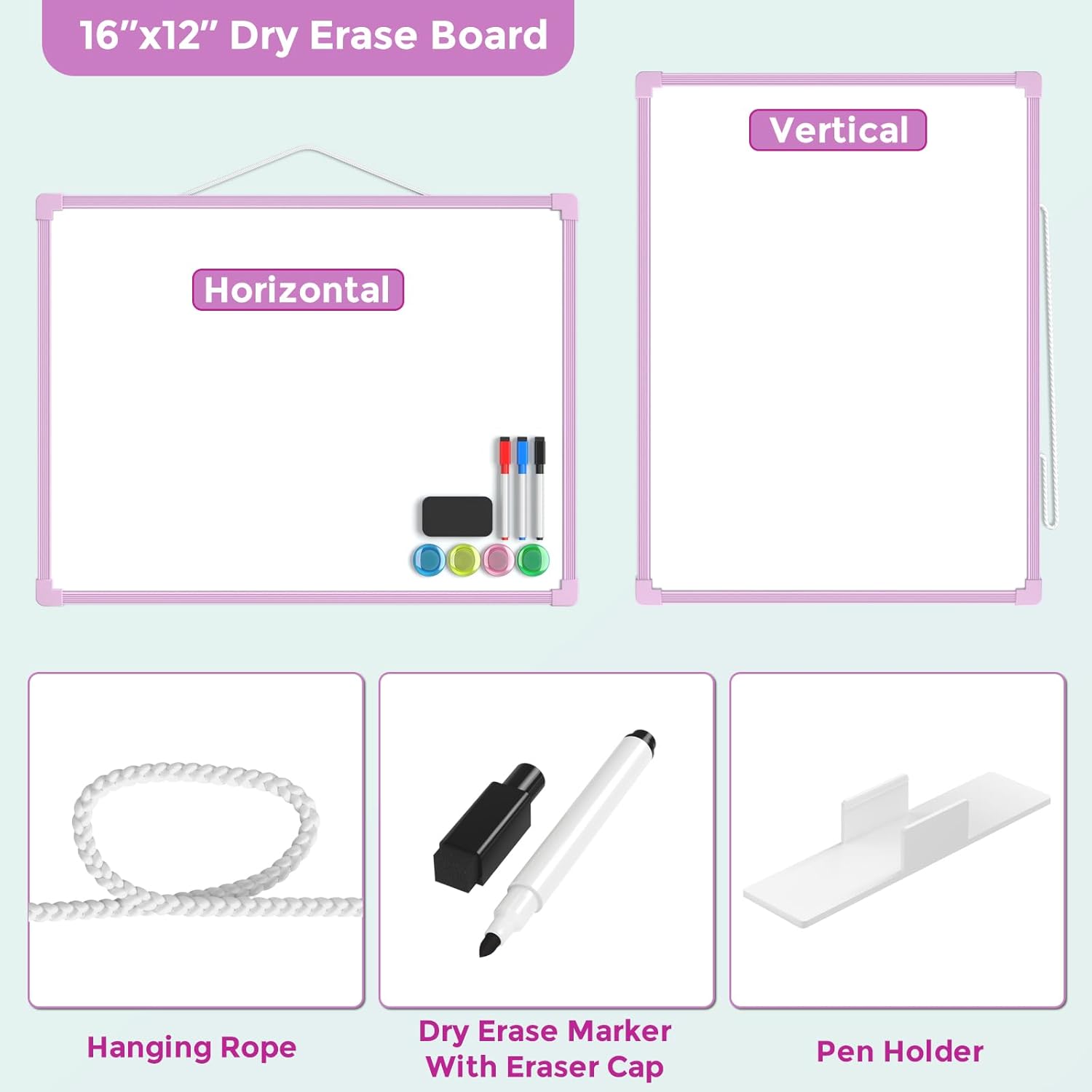 MaxGear Double-Sided Dry Erase Board for Wall, 16"x12" Hanging Whiteboard, Small Dry Erase White Board kit, Portable Whiteboard for Students - Planning, Drawing, Memo, to Do List, Purple Frame