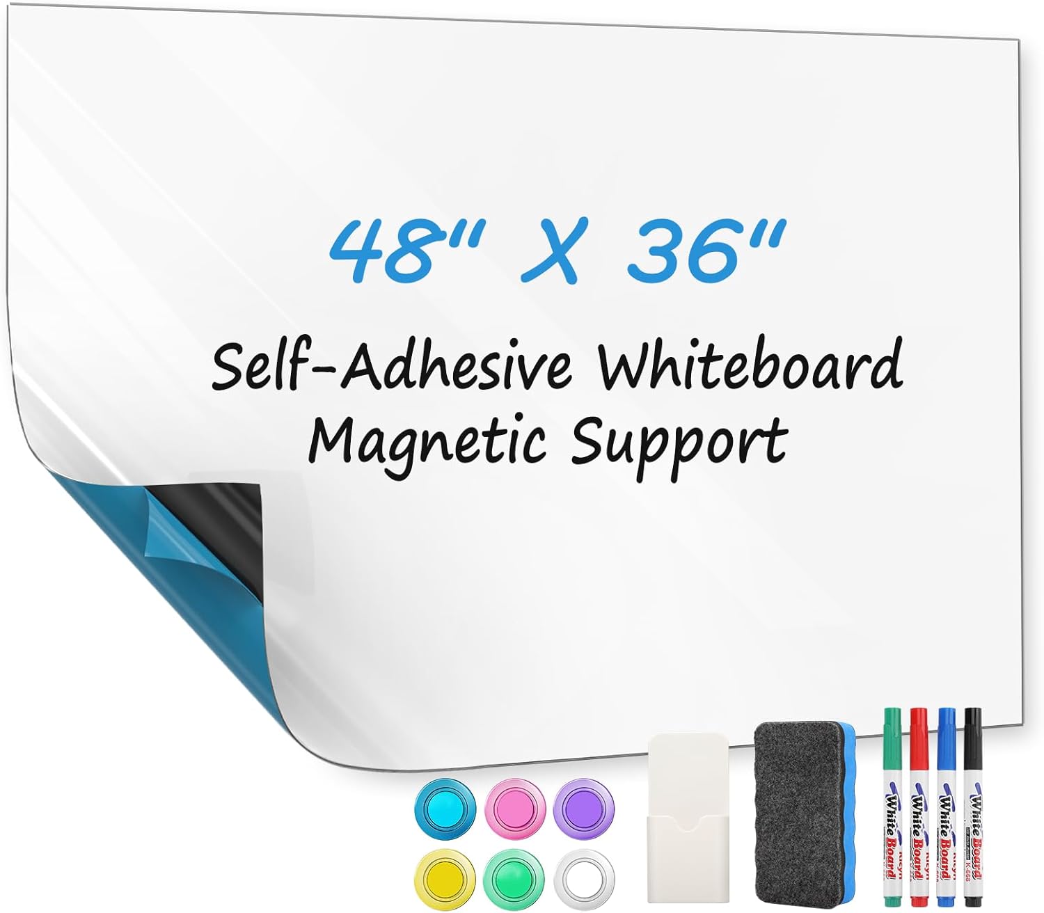 MaxGear Large White Board 72“x48” with Self-Adhesive Backing, Big Dry Erase Board for Wall, Whiteboard Sticker Wallpaper with 4 Markers, 1 Holder, 1 Eraser, 4 Magnets, and 3 Tapes, 6' x 4'