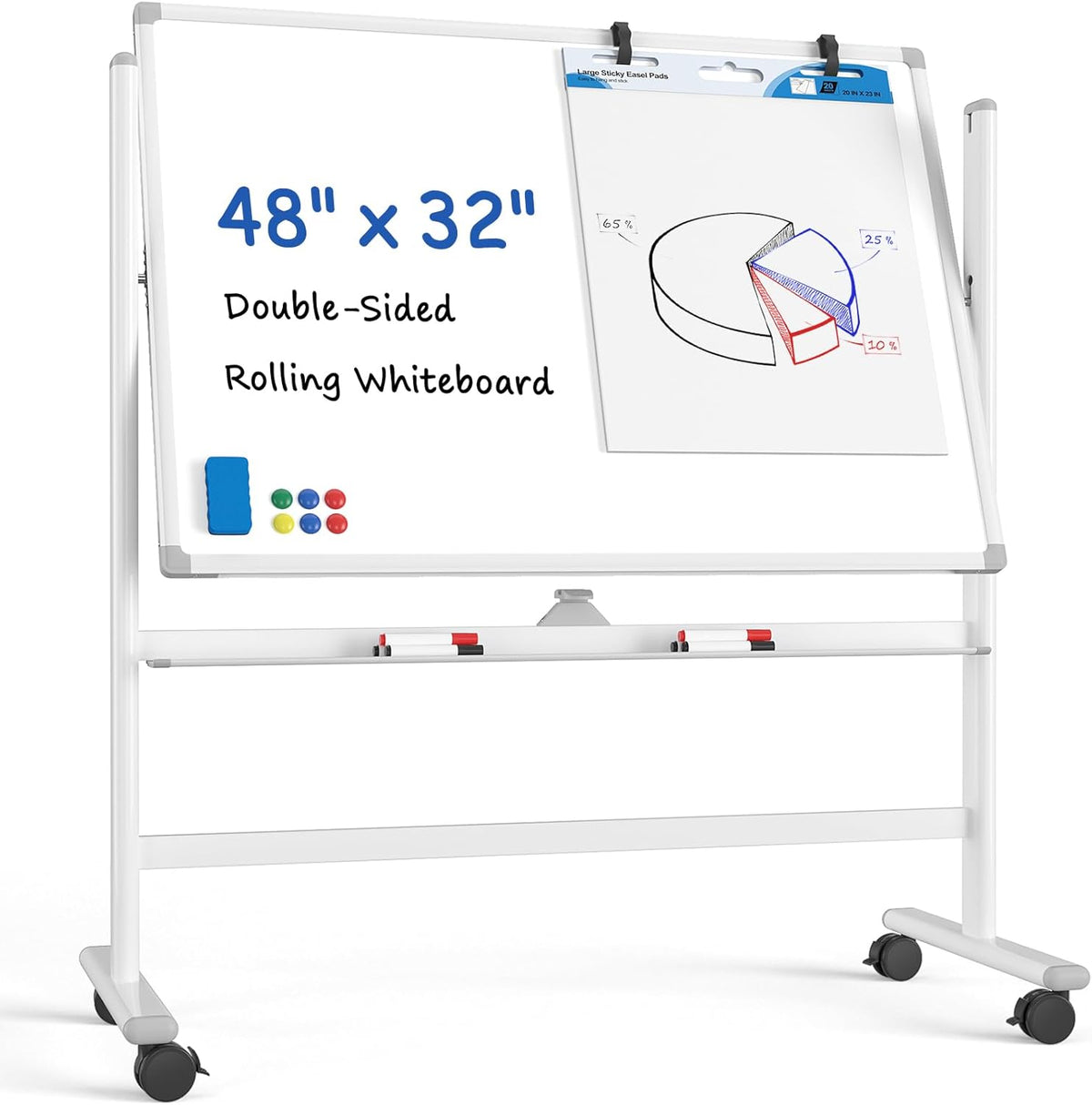MaxGear Premium Large Rolling Whiteboard on Wheels, 48" x 32" Double-Sided Magnetic Dry Erase Board with Stand, Reversible Mobile Whiteboard with Aluminium Frame and Stand for Office, School