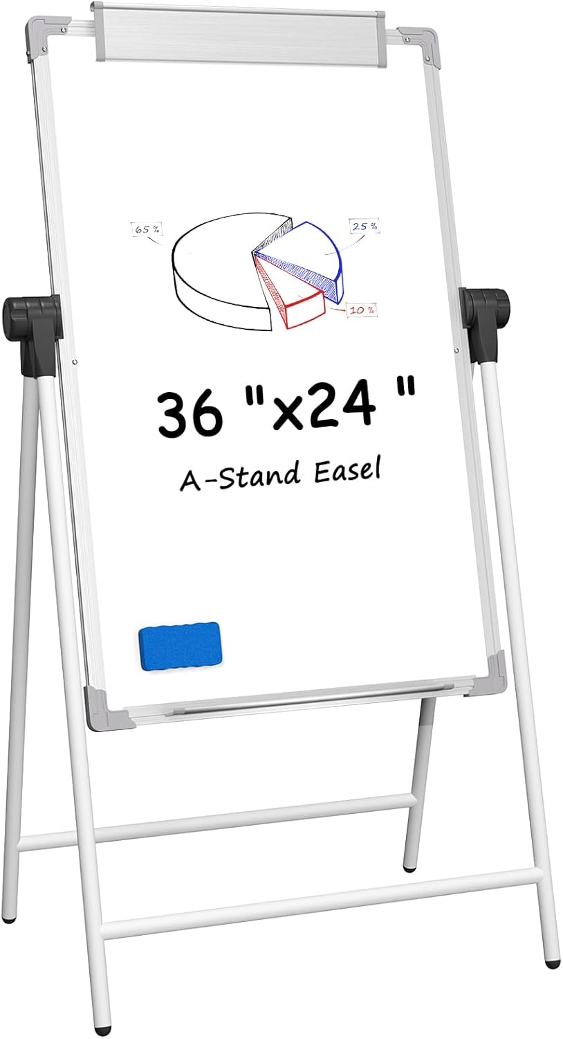 MaxGear Large White Board with Stand, 36" x 24" Double Sided Big Easel Whiteboard A-Stand Dry Erase Board Height Adjustable Flip Chart for School,Classroom,Office, Black Aluminum Alloy Frame