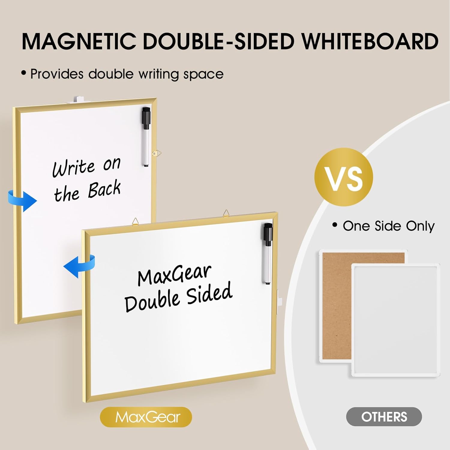 MaxGear Dry Erase Board for Wall, Gold Aluminum Frame, 16" x 12" Small Hanging White Board with a Black Marker, Portable Small Double Sided Whiteboard for Planning, Drawing, Memo, to Do List